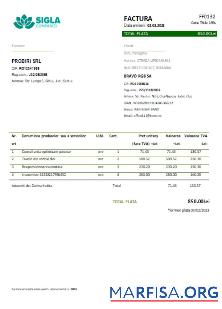 Printable Sigla Companiei utility business bill, SCR sample